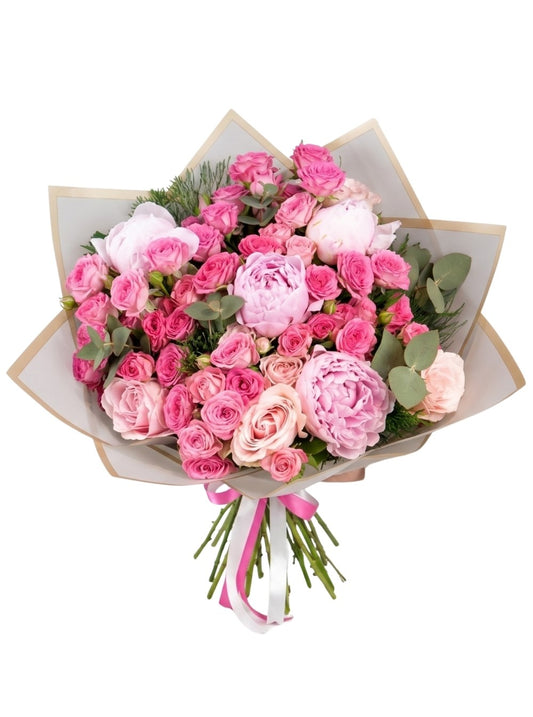 Canlı Şakayık Gül ve Pembe Çardak Buketi