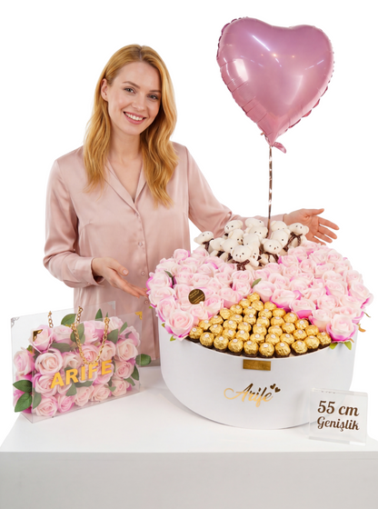 Dev Pembe Kutu Gül ve Zincirli Çanta Set Premium