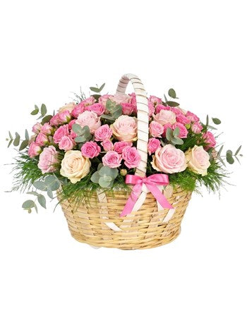 Hasır Sepette Canlı Çardak Güller ve Pembe Güller