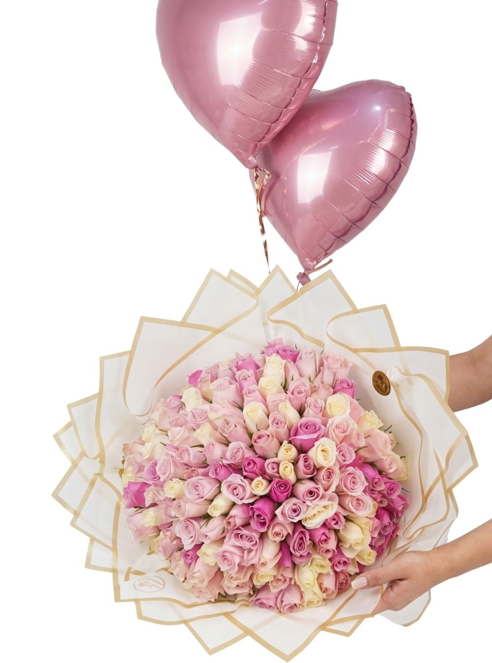 Pembe Beyaz İthal Canlı 101 & 201 Gül Buketi Uçan Kalp Balonlar