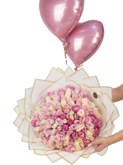Pembe Beyaz İthal Canlı 101 & 201 Gül Buketi Uçan Kalp Balonlar