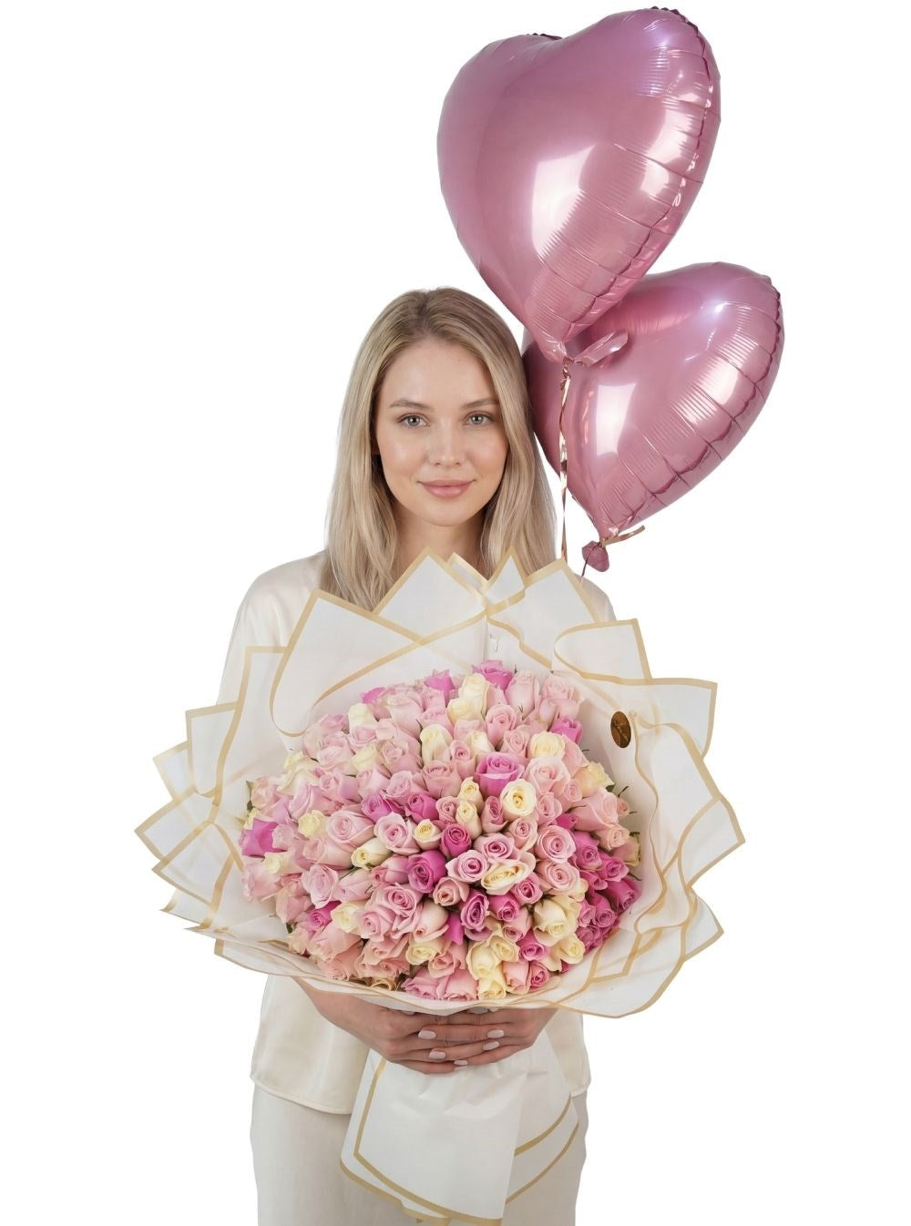 Pembe Beyaz İthal Canlı 101 & 201 Gül Buketi Uçan Kalp Balonlar