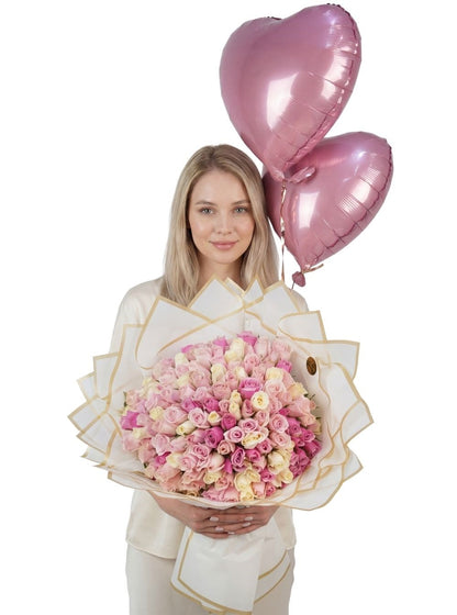 Pembe Beyaz İthal Canlı 101 & 201 Gül Buketi Uçan Kalp Balonlar