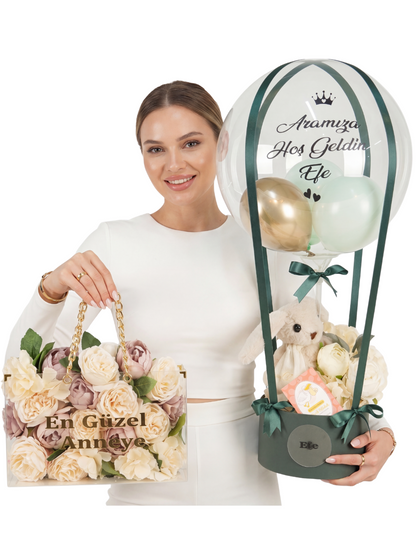 Premium Yeşil Gold Tavşanlı Özel Çiçekli Balon Kutusu ve Çanta Set