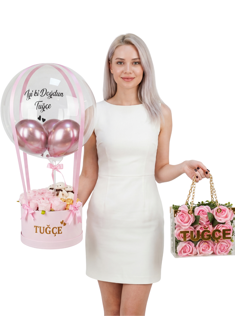 Pembe Vip Balon Kutusu Set Bobo Balon ve İsimli Gül Çantası