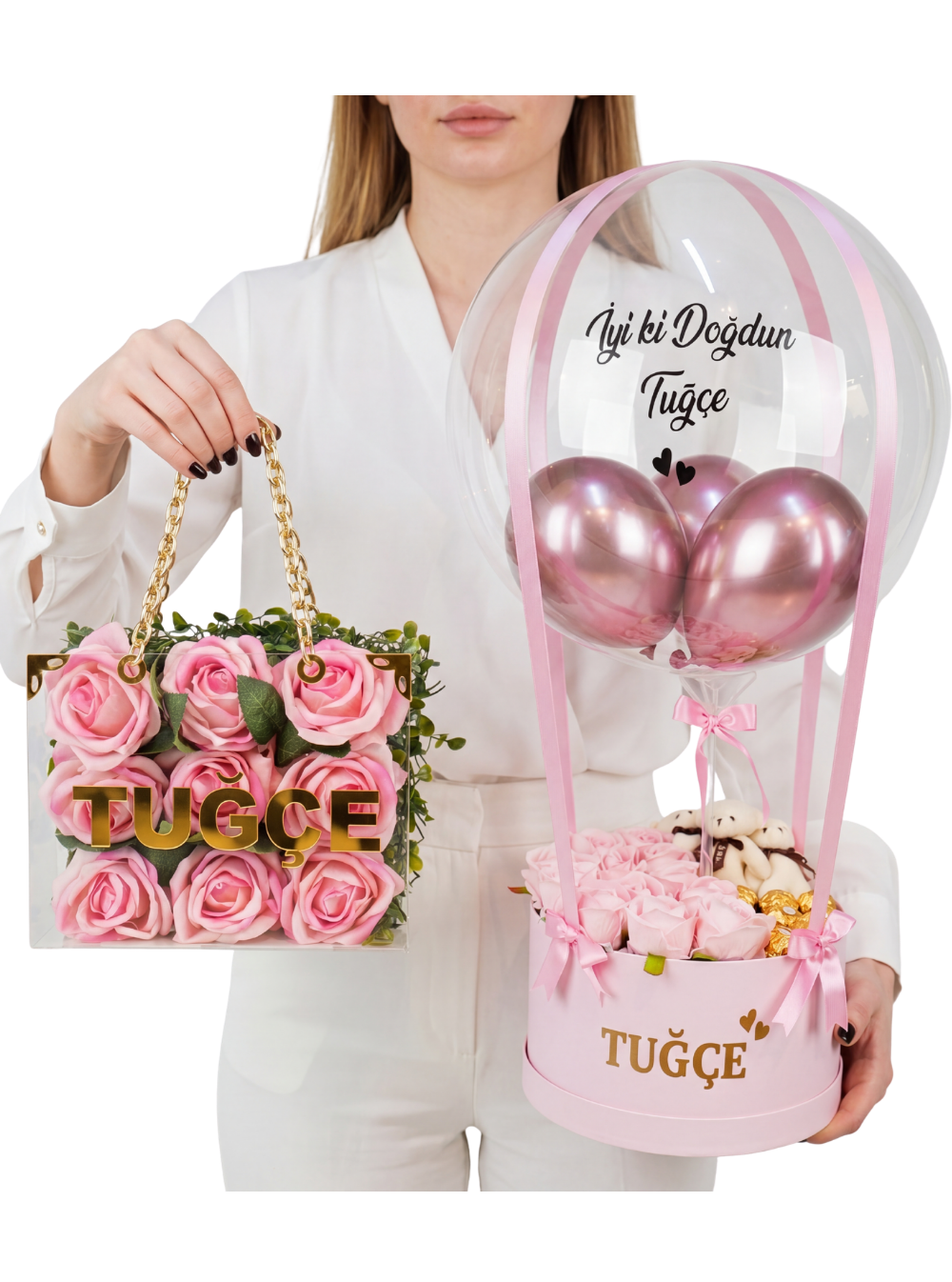 Pembe Vip Balon Kutusu Set Bobo Balon ve İsimli Gül Çantası
