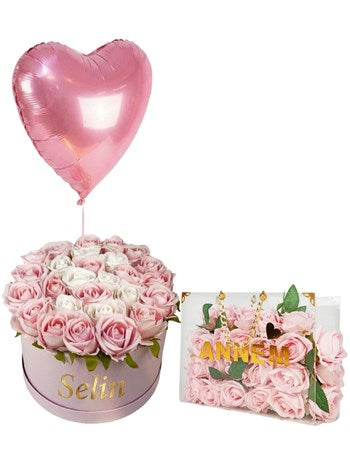Pembe Kişiye Özel Harf Tasarımlı Zincirli Premium Gül Çantası