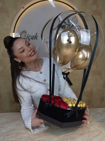 Vip Balon Kutusu Kırmızı Güller Çikolata Kişiye Özel