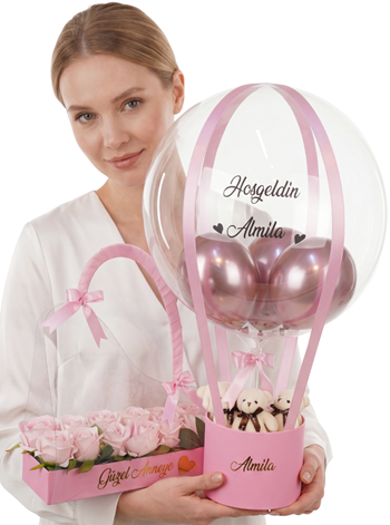 Anne Bebek Hediye Seti Pembe Güller Balon Kutusu