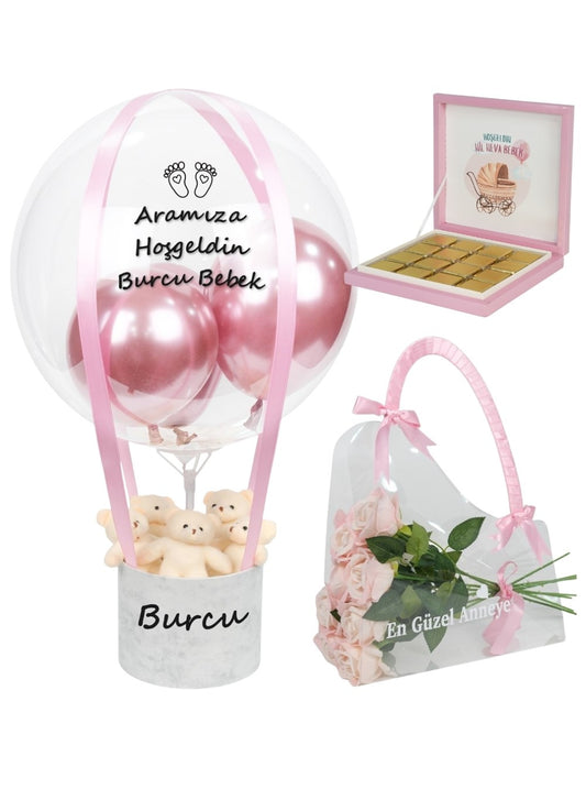 Yenidoğan Kız Bebek Balon Kutusu Set ve İsimli Çikolata v2
