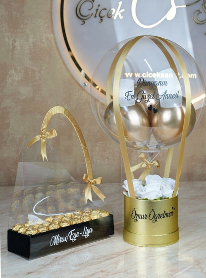 Gold Serisi Beyaz Güller ve Çikolatalar Balon Kutusu Set