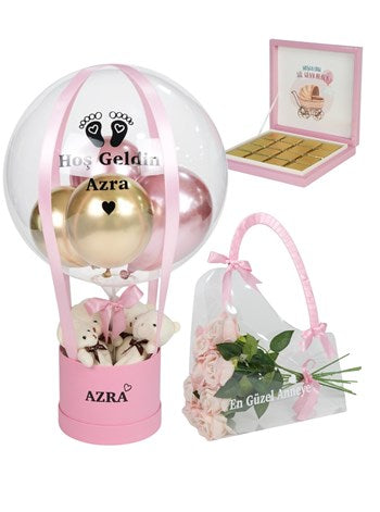 Yenidoğan Kız Bebek Balon Kutusu Set ve İsimli Çikolata v3