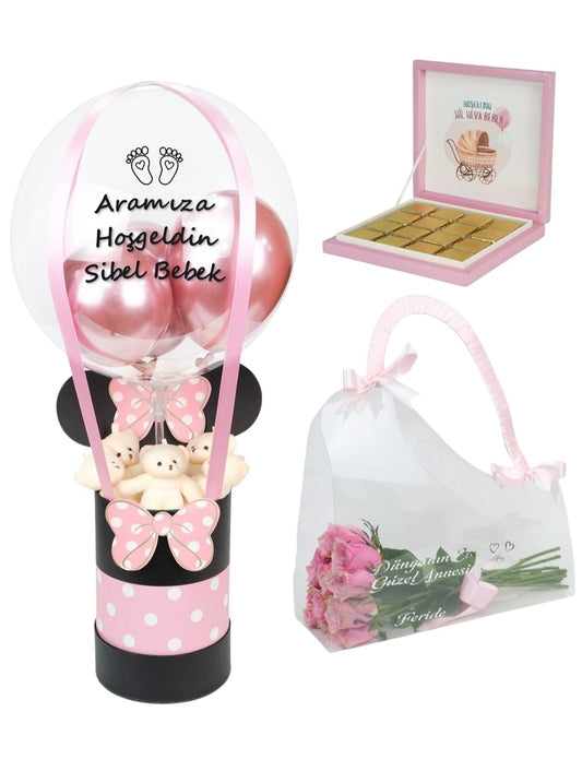 Yenidoğan Kız Bebek Balon Kutusu Set ve İsimli Çikolata v4