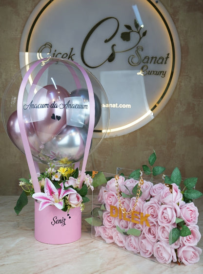 Lilyum ve Nergis Yapay Çiçekli Premium Kişiye Özel Balon Kutusu
