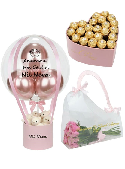 Anne Bebek Hediyesi Balon Kutusu Çikolata ve Çanta Set