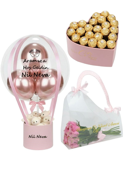 Anne Bebek Hediyesi Balon Kutusu Çikolata ve Çanta Set