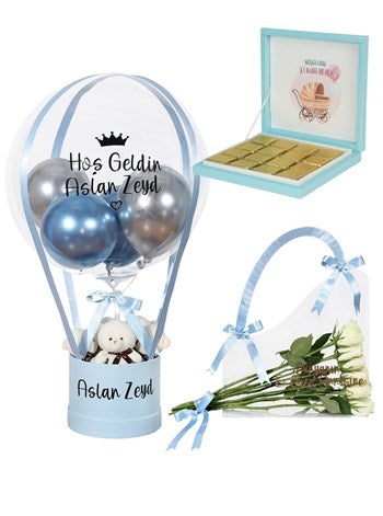Yenidoğan Erkek Bebek Balon Kutusu Set ve İsimli Çikolata