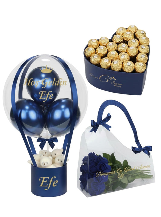 Anne Bebek Hediyesi Balon Kutusu Çikolata ve Çanta Set Erkek v2