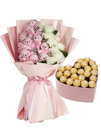 Premium Gül ve Pembe Dev Ayıcık Buketi ve Kalp Çikolata