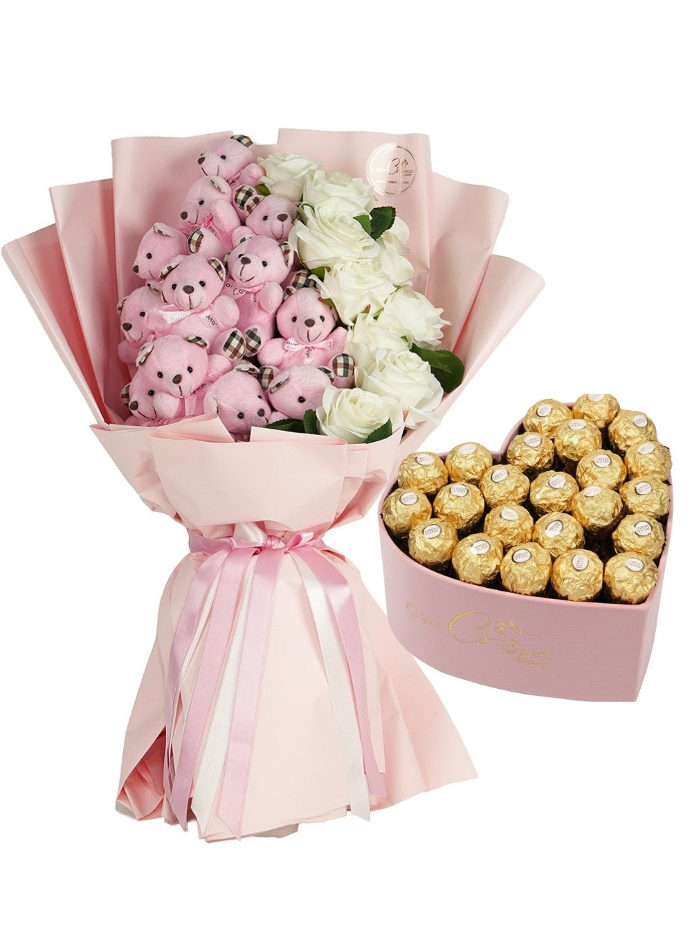 Premium Gül ve Pembe Dev Ayıcık Buketi ve Kalp Çikolata