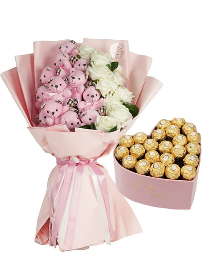 Premium Gül ve Pembe Dev Ayıcık Buketi ve Kalp Çikolata