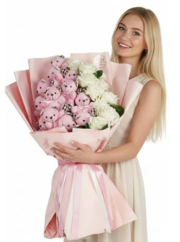 Premium Gül ve Pembe Dev Ayıcık Buketi