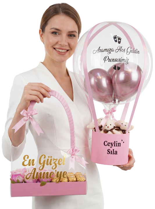 Pembe Balon Kutusu Çikolata Ayıcık Çanta Set Kişiye Özel