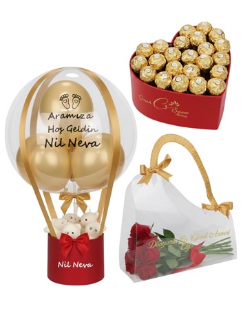 Kırmızı Gold Balon Kutusu Set Çikolata Ayıcık ve Çanta Gül