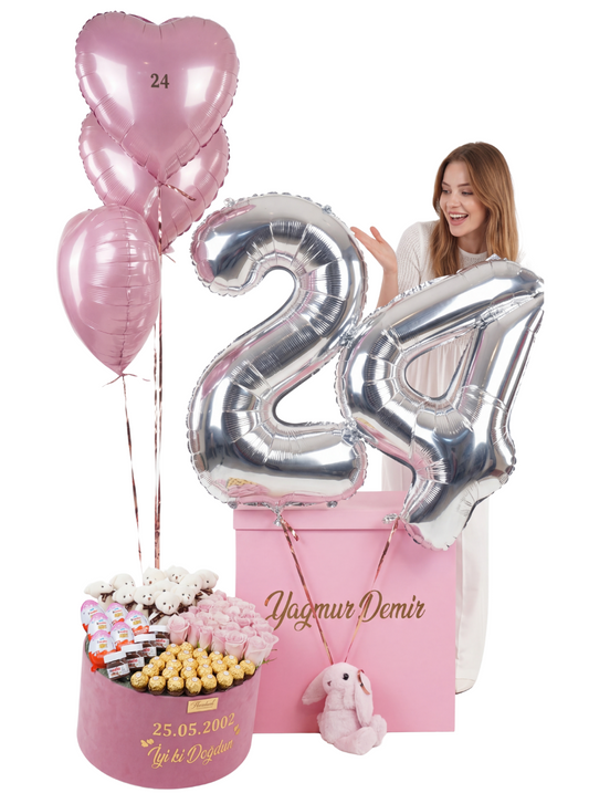 Uçan Balon Dolu Dev Kapaklı Kutuda Özel Çiçek Çikolata Ayıcık Tasarımı