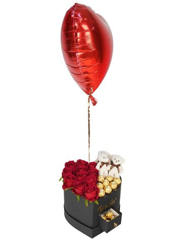 Uçan Balon ve Kalp Çekmeceli Kutuda Çikolata Ayıcık Gül
