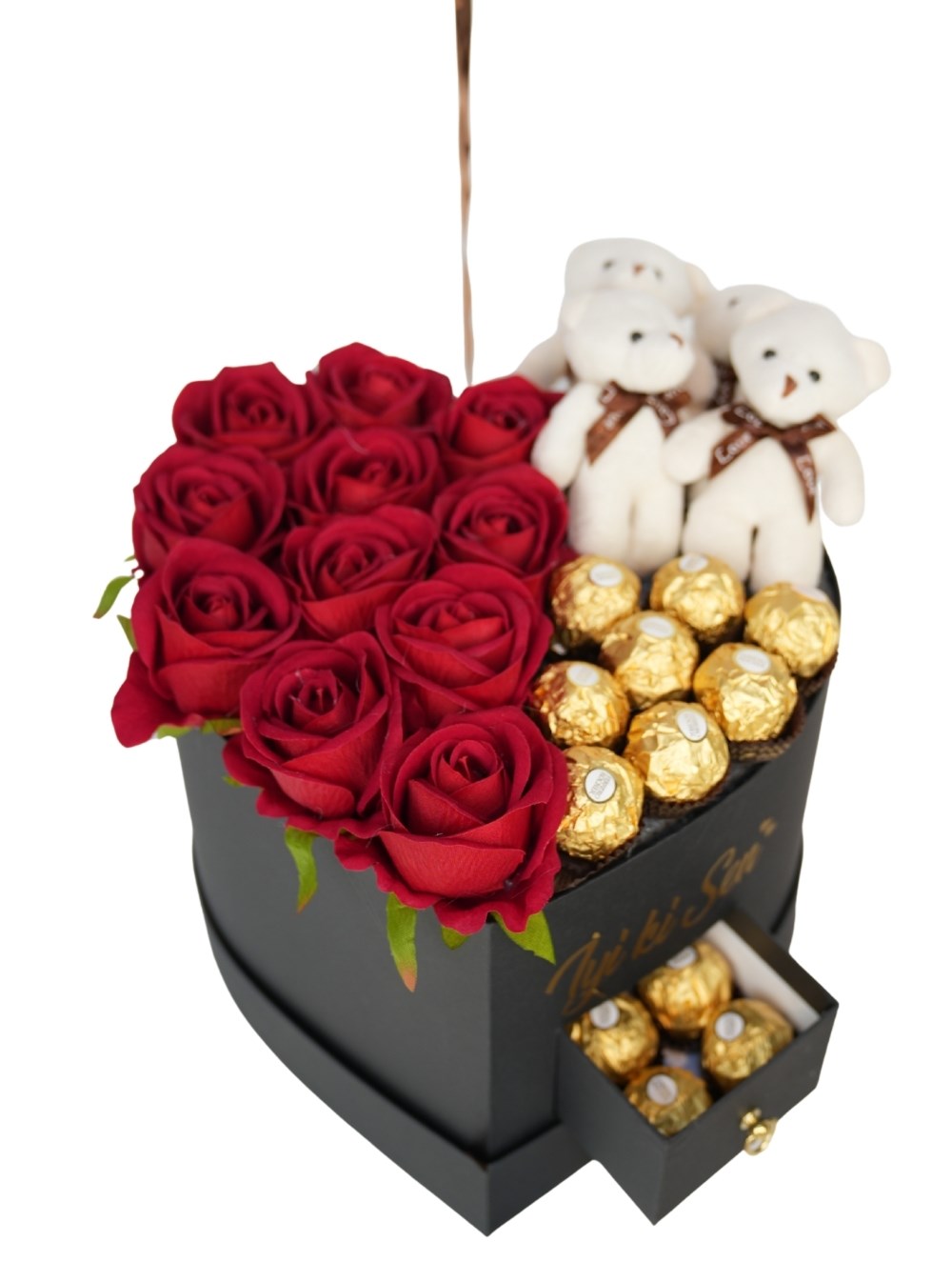 Uçan Balon ve Kalp Çekmeceli Kutuda Çikolata Ayıcık Gül
