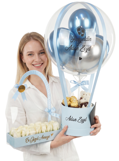 Yenidoğan Erkek Bebek Hediyesi ve Anne Çiçeği Balon Hediye Seti