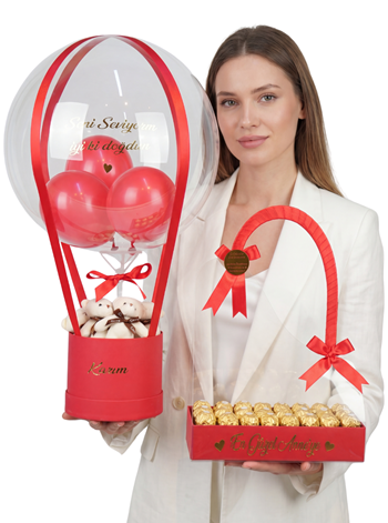 Kırmızı Balon Kutusu ve Çikolata Dolu Çanta Set