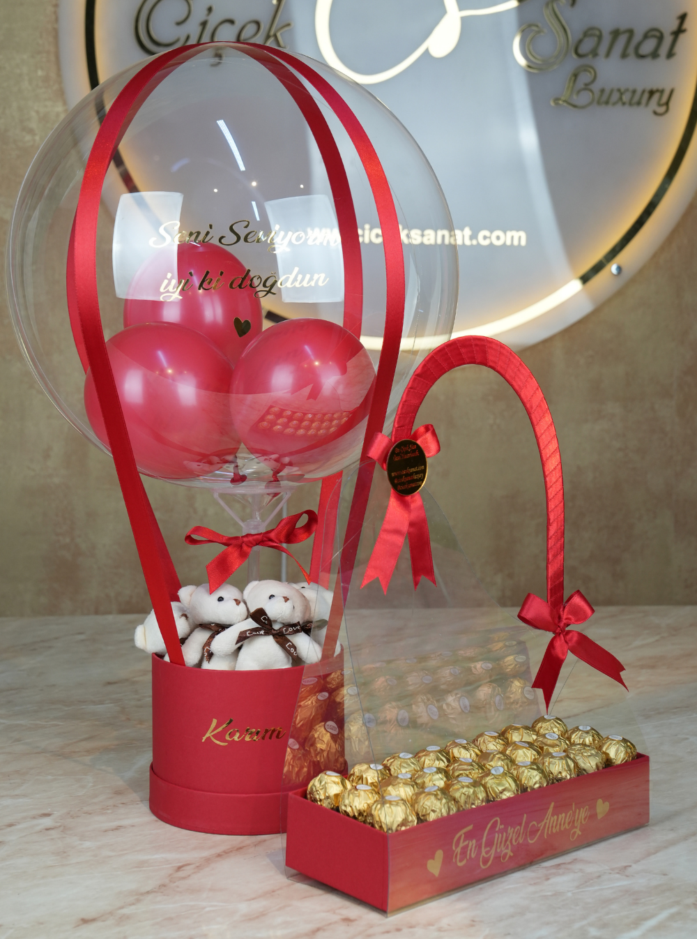 Kırmızı Balon Kutusu ve Çikolata Dolu Çanta Set