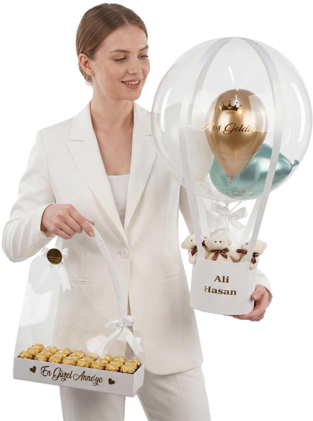 Beyaz Set Gold Yeşil Balon Kutusu Çikolata Dolu Çanta