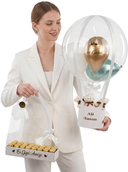 Beyaz Set Gold Yeşil Balon Kutusu Çikolata Dolu Çanta