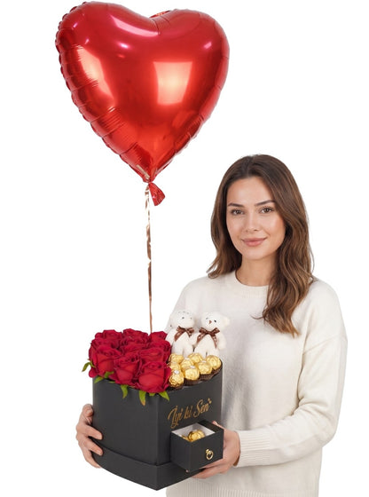 Uçan Balon ve Kalp Çekmeceli Kutuda Çikolata Ayıcık Gül