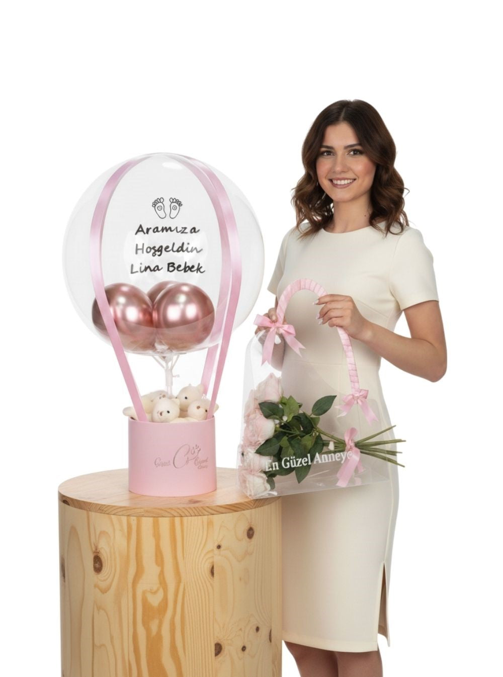 Anne Bebek Hediye Seti Balon Kutusu Kalıcı Gül