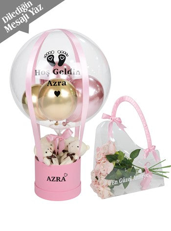 Pembe Gold Balon Kutusu Kalıcı Gül Seti