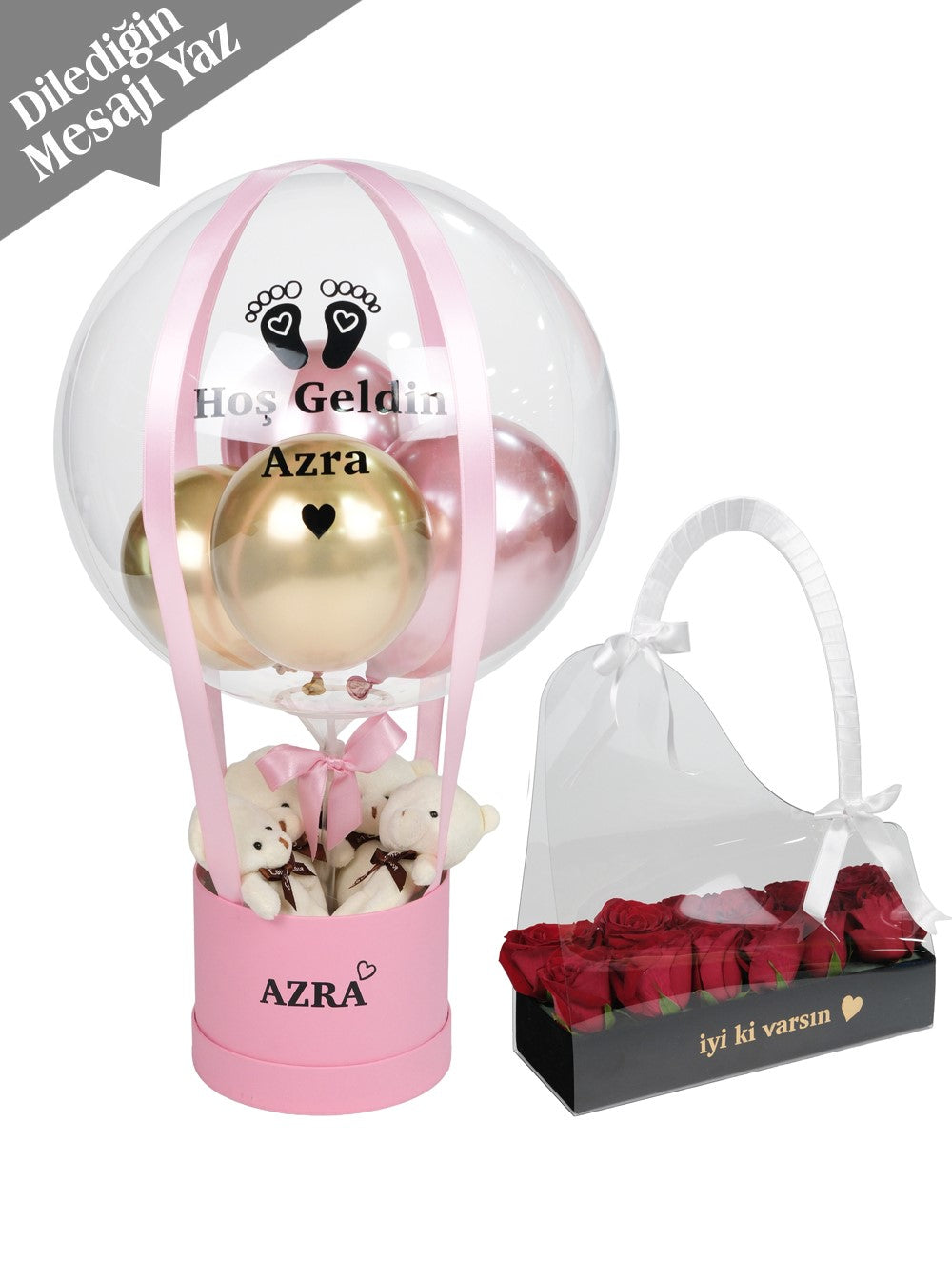 Pembe Gold Balon Kutusu ve Kırmızı Güller