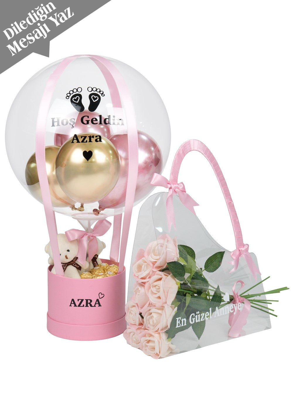 Anne Bebek Hediyesi Balon Kutusu Seti Pembe Gold