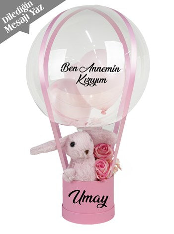 Toz Pembe İsme Özel Yazılı Peluş Tavşanlı Balon Kutusu Aranjmanı