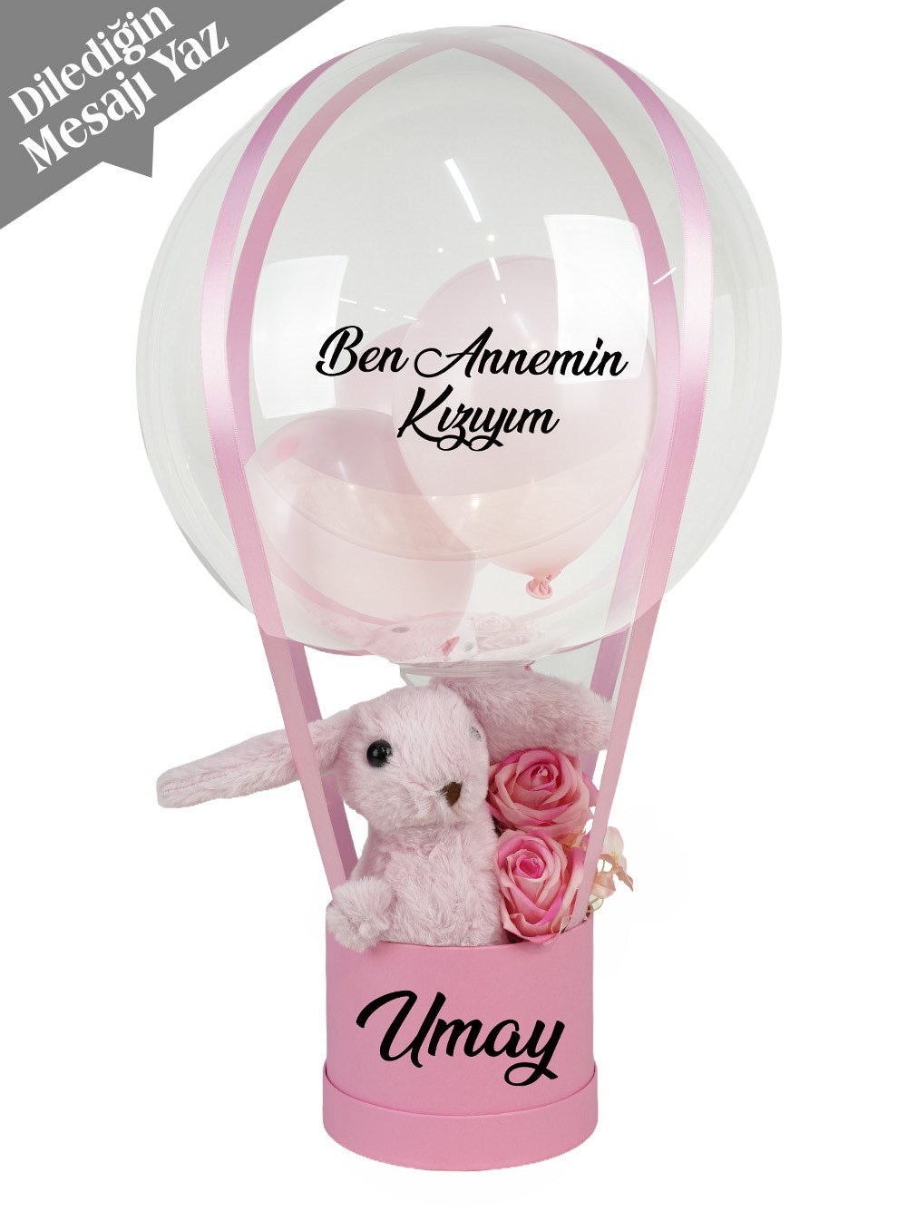 Toz Pembe İsme Özel Yazılı Peluş Tavşanlı Balon Kutusu Aranjmanı