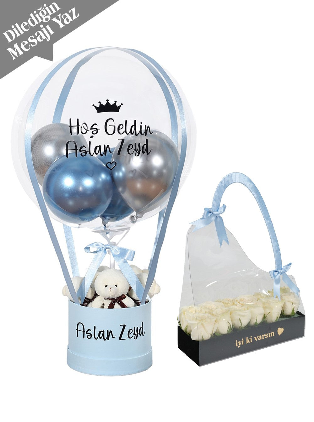 Açık Mavi Balon Kutusu Anne Bebek Hediye Seti