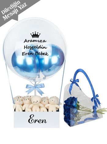 Erkek Bebek Yenidoğan Hediyesi Balon Kutusu ve Anne Çiçeği Set