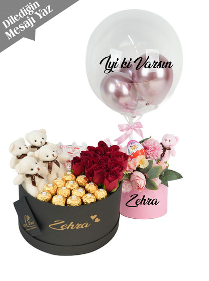 Vip Balon Kutusu ve Çikolatalı Ayıcıklı Gül Set