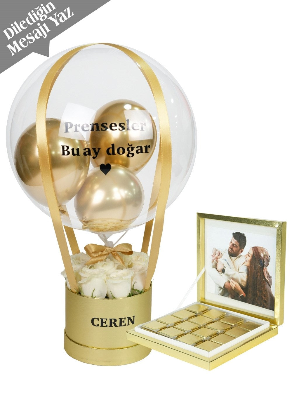 Gold Beyaz Gül Madlen Çikolata Balon Set