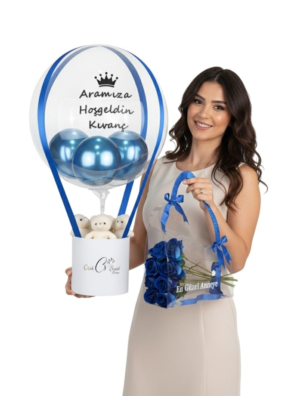 Beyaz Mavi Kişiye Özel Balon ve Çanta Set