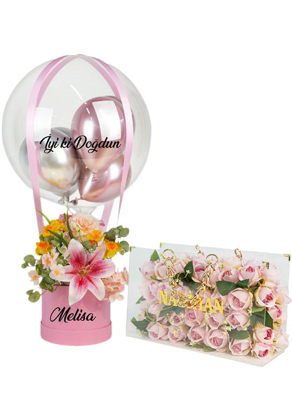 Lilyum ve Nergis Yapay Çiçekli Premium Kişiye Özel Balon Kutusu