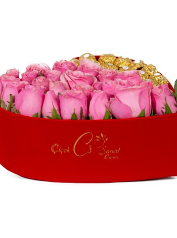 Kırmızı Kadife Kalp Kutu İçerisinde Pembe gül ve Rocher Çikolata